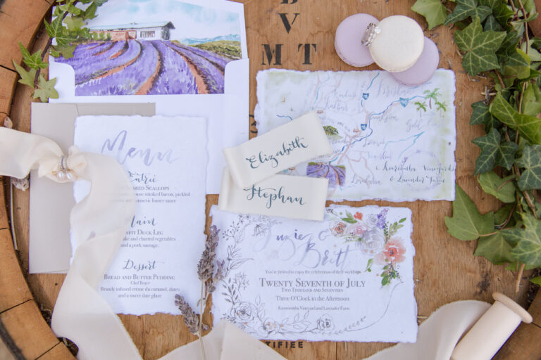 watercolour custom map and wedding stationery kooroomba lavender farm